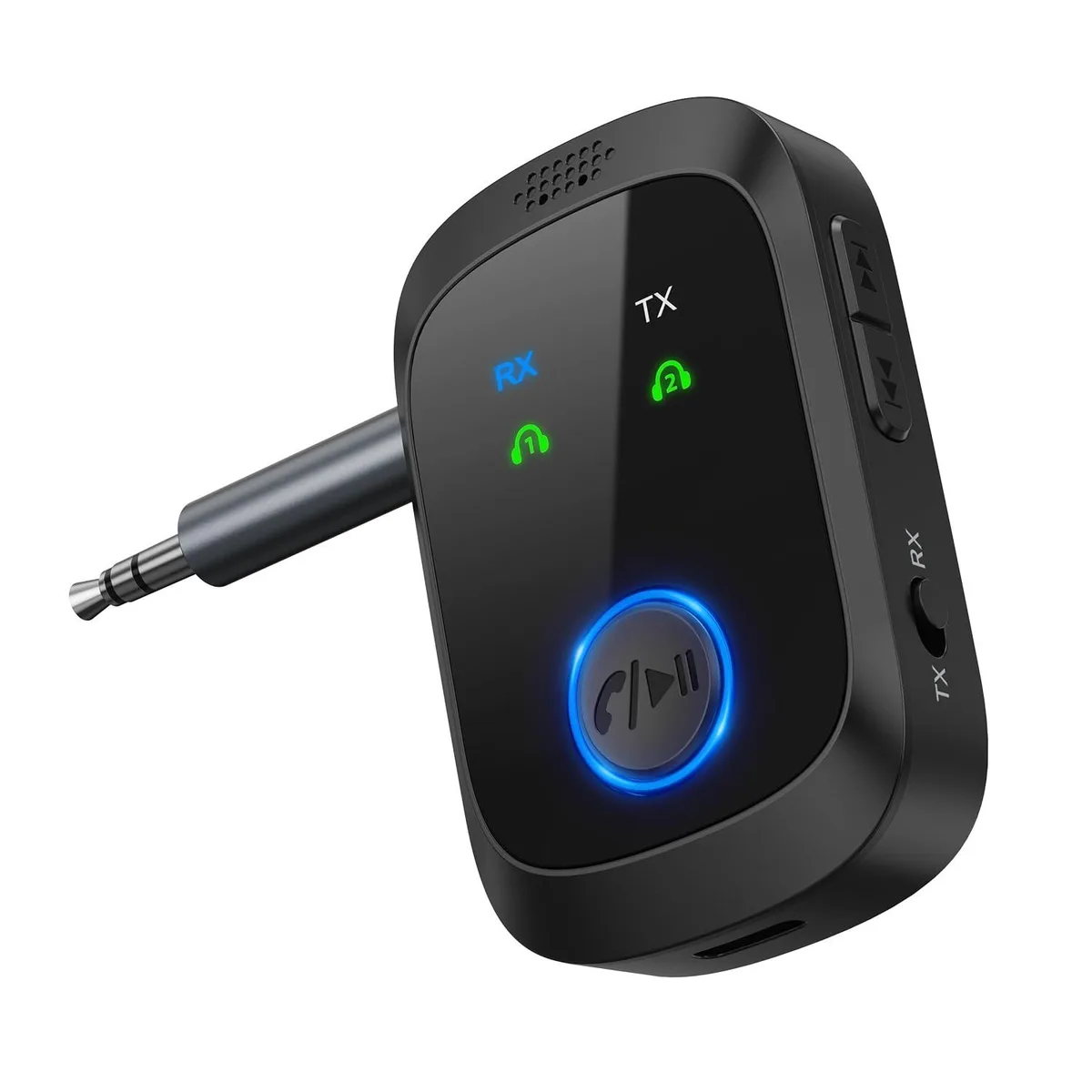 Small rectangular Bluetooth 5.4 adapter matte black 2.5 by 1.2 by .5 inches USB-C port 3.5mm jack
