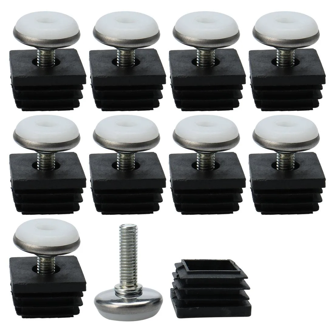 Ten sets of 25mm square tube inserts with adjustable threaded feet and plastic bases