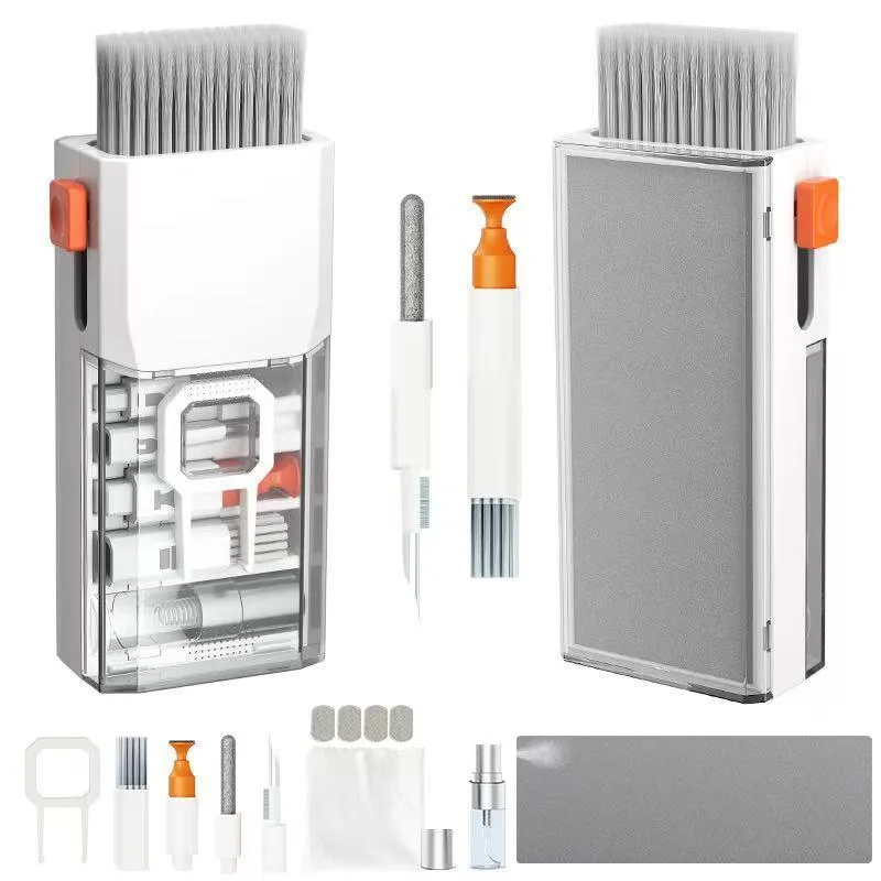 Compact rectangular plastic case holding ten cleaning tools for electronics