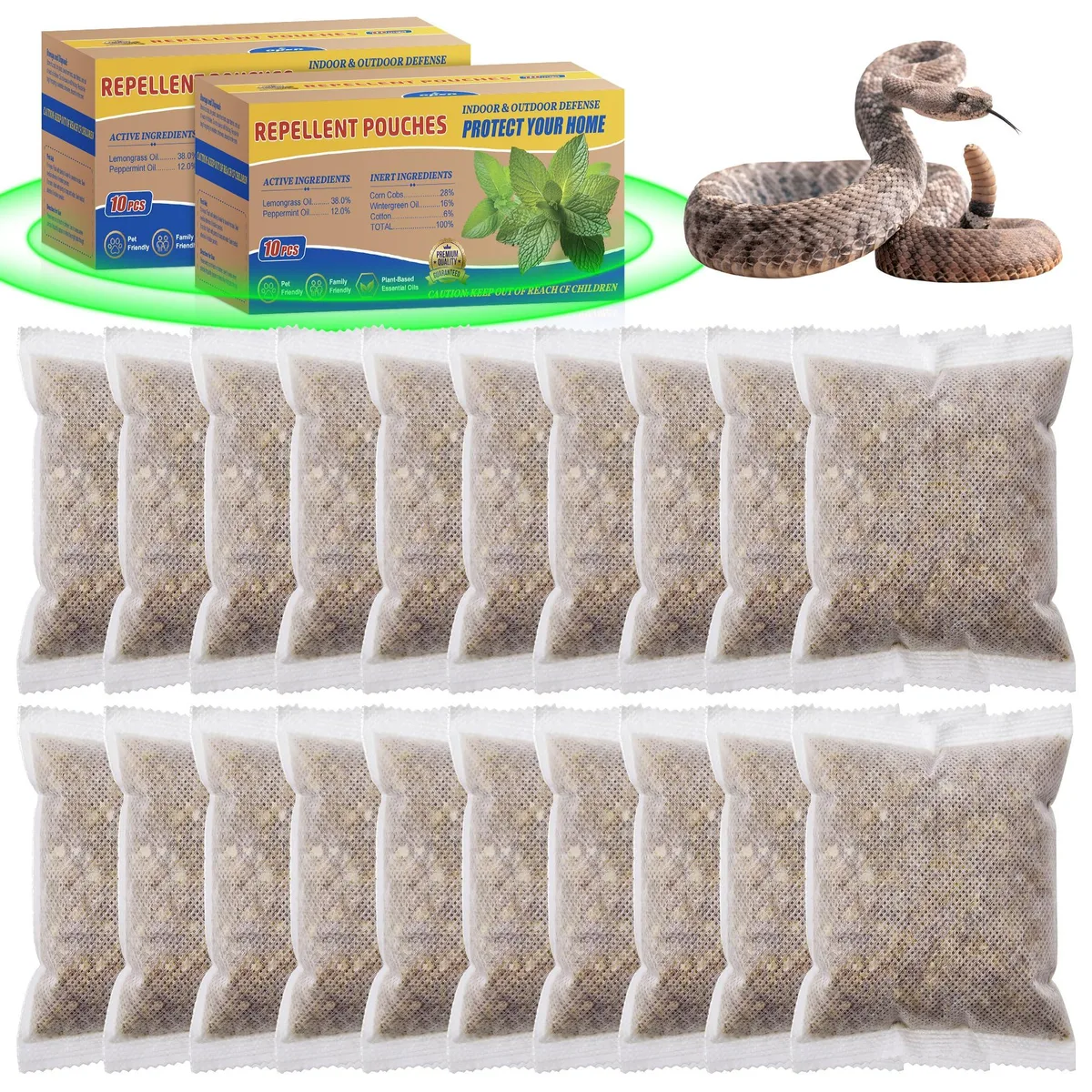 Twenty small pouches in a pack, each sealed and ready to place along walls or garden edges