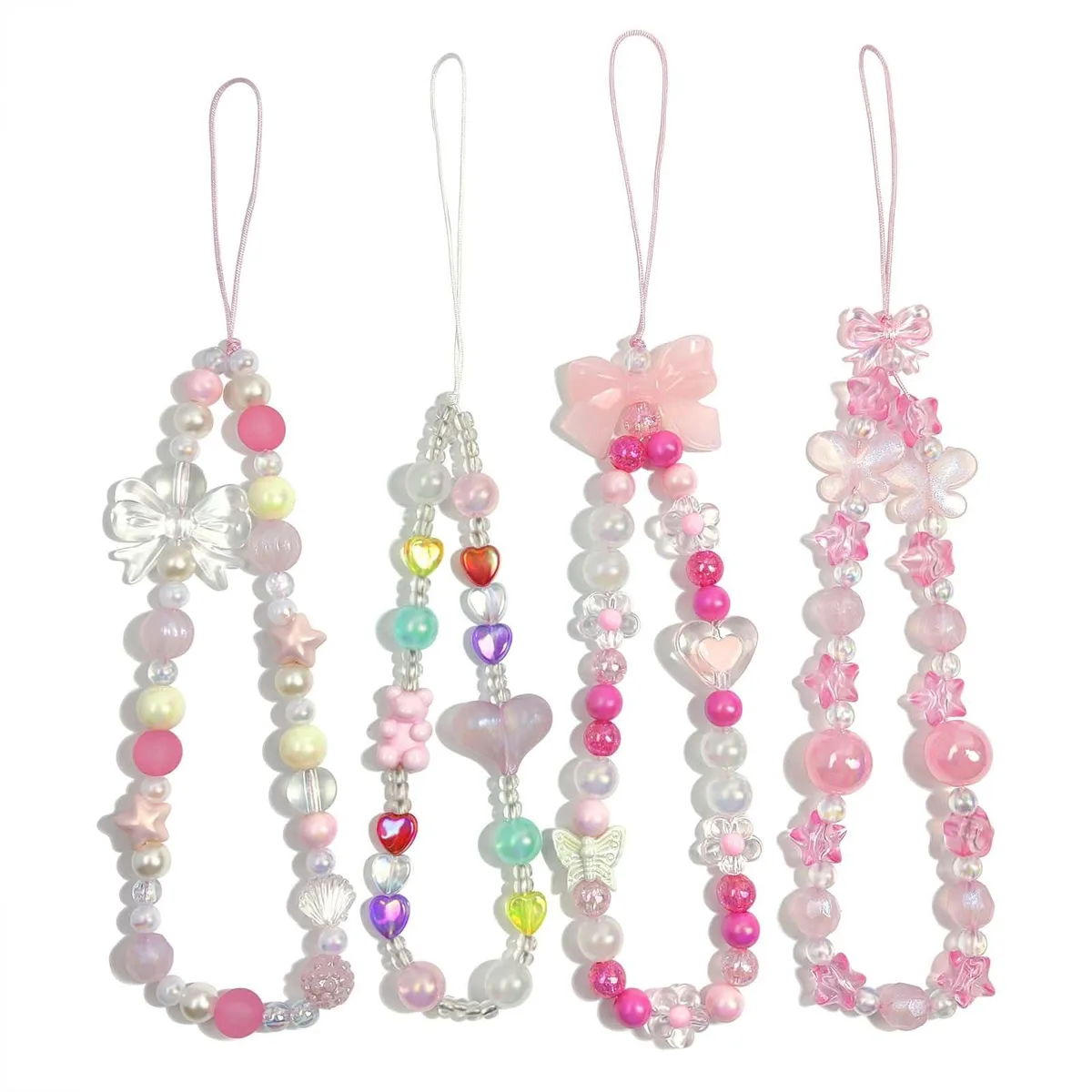 Four pink acrylic butterfly beaded wrist straps with loop attachments