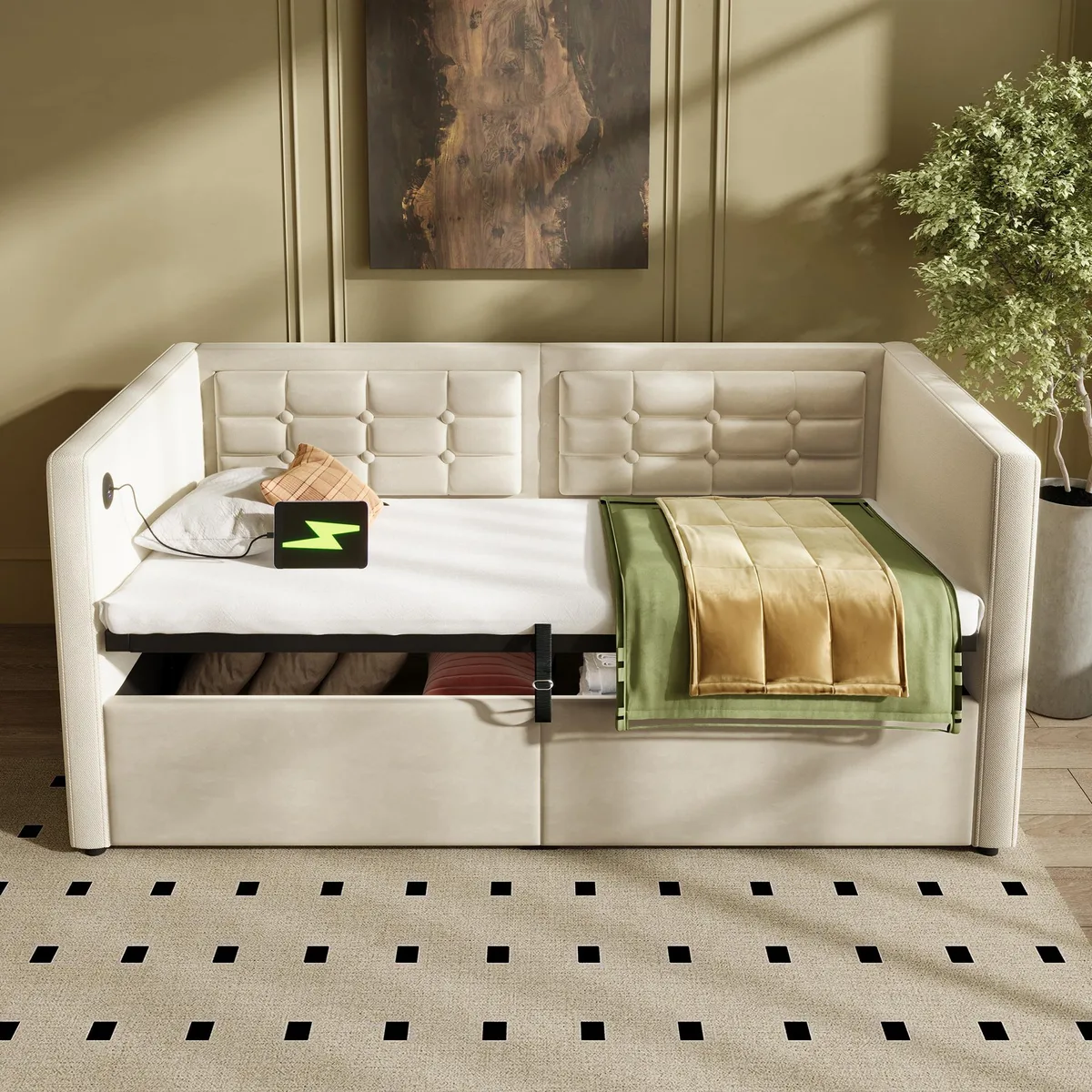 Beige velvet twin daybed with tufted backrest, hydraulic storage and USB-C port