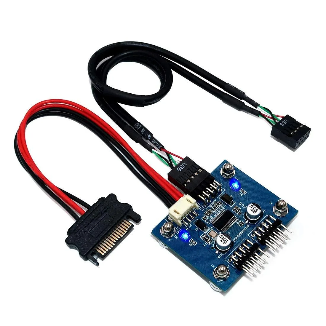 Black USB 2.0 9-pin header splitter with 30cm cable, 90-degree connector and SATA power lead