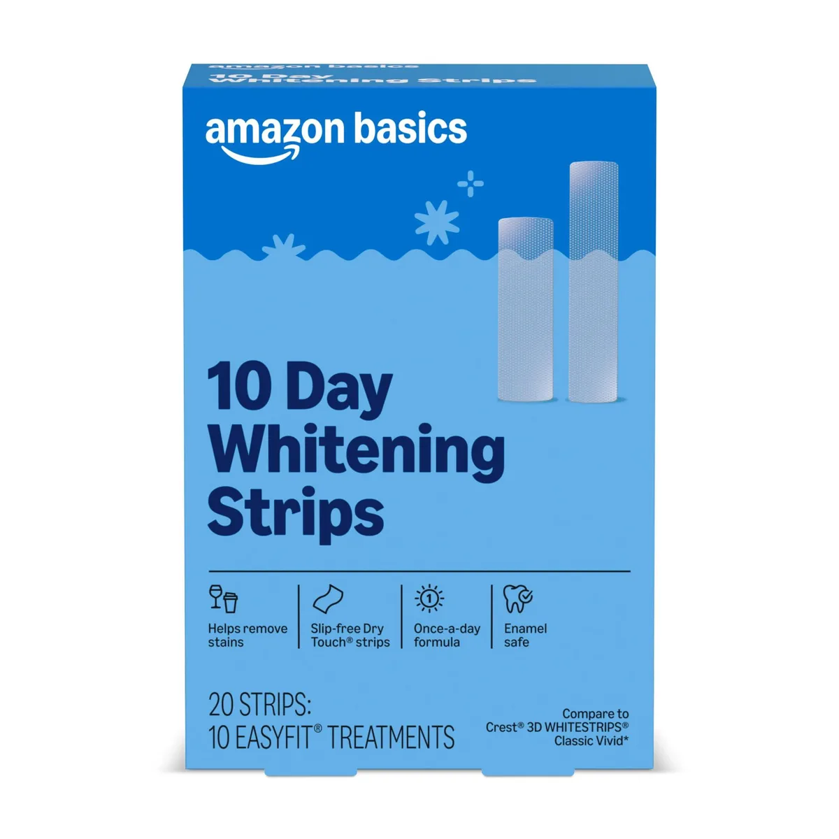 White teeth whitening strips in rectangular box, 20 count pack