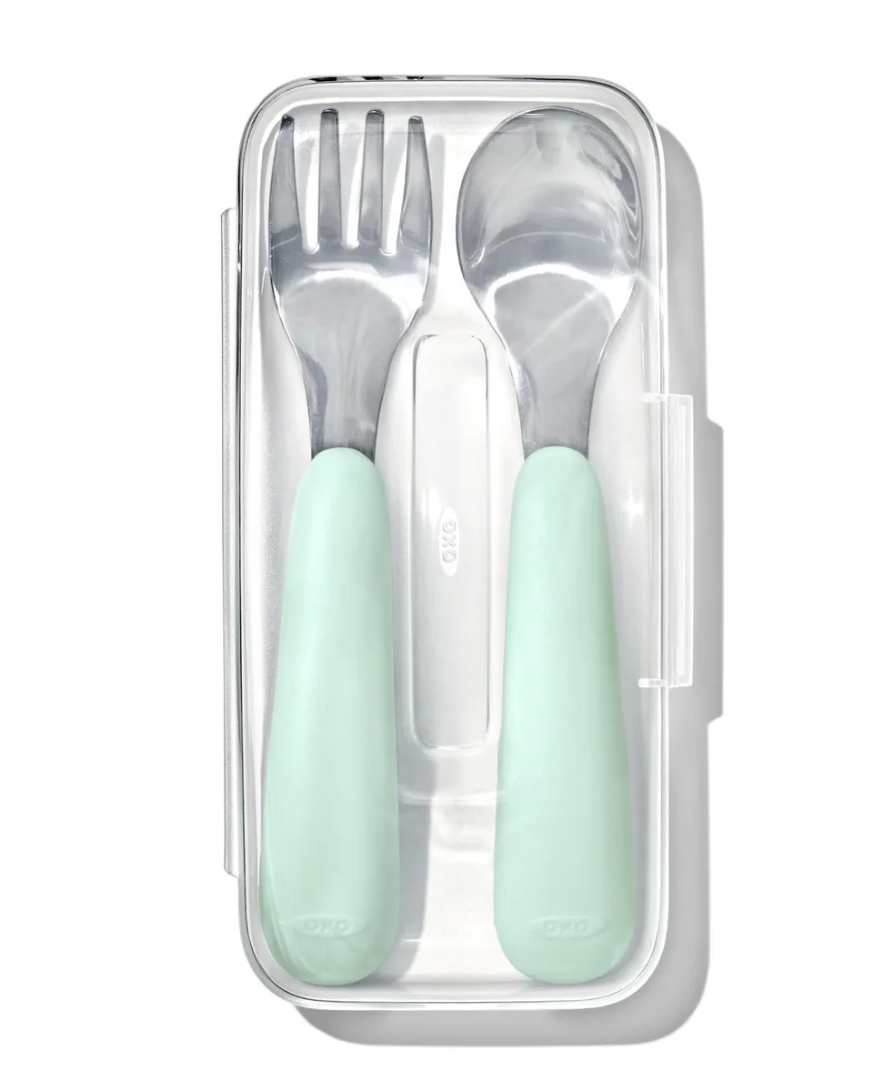OXO Opal fork and spoon set in silver stainless steel with curved handles and compact case
