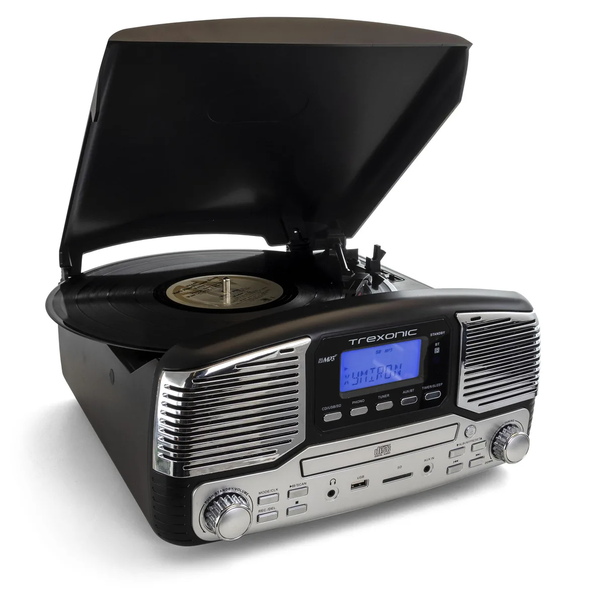 Black retro-styled unit with turntable, CD slot and speaker grille