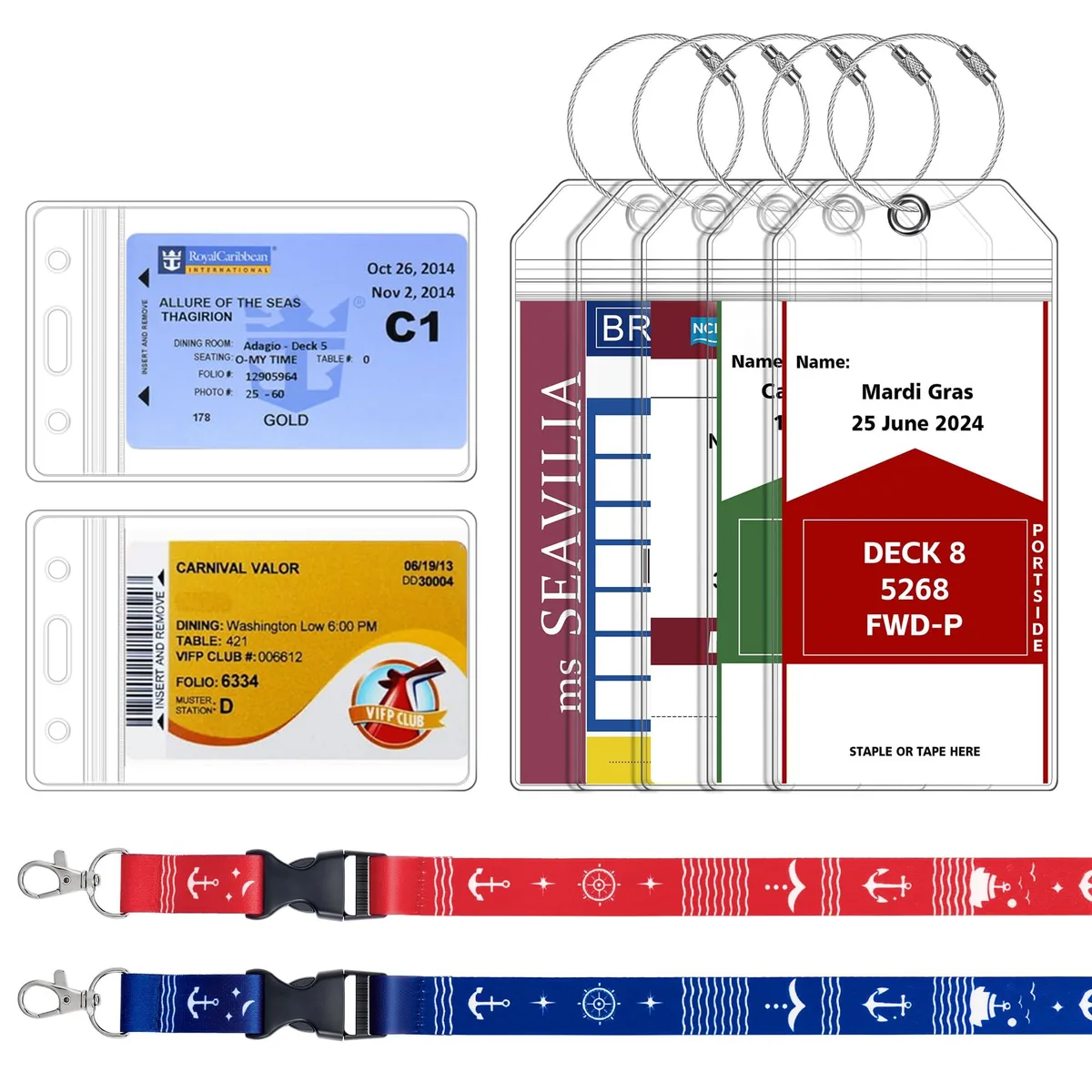 Seven clear plastic luggage tag holders and two fabric lanyards with badge holders