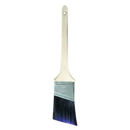 Two-inch angled paint brush with purple polyester bristles and sealed wooden handle