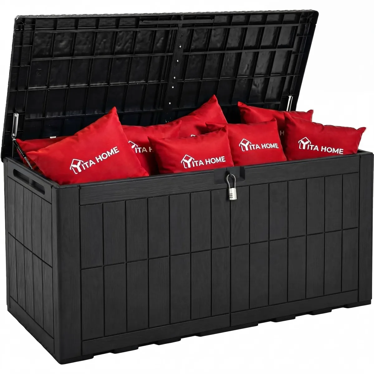Black rectangular resin storage box with hinged lid and side handles, bench-height profile