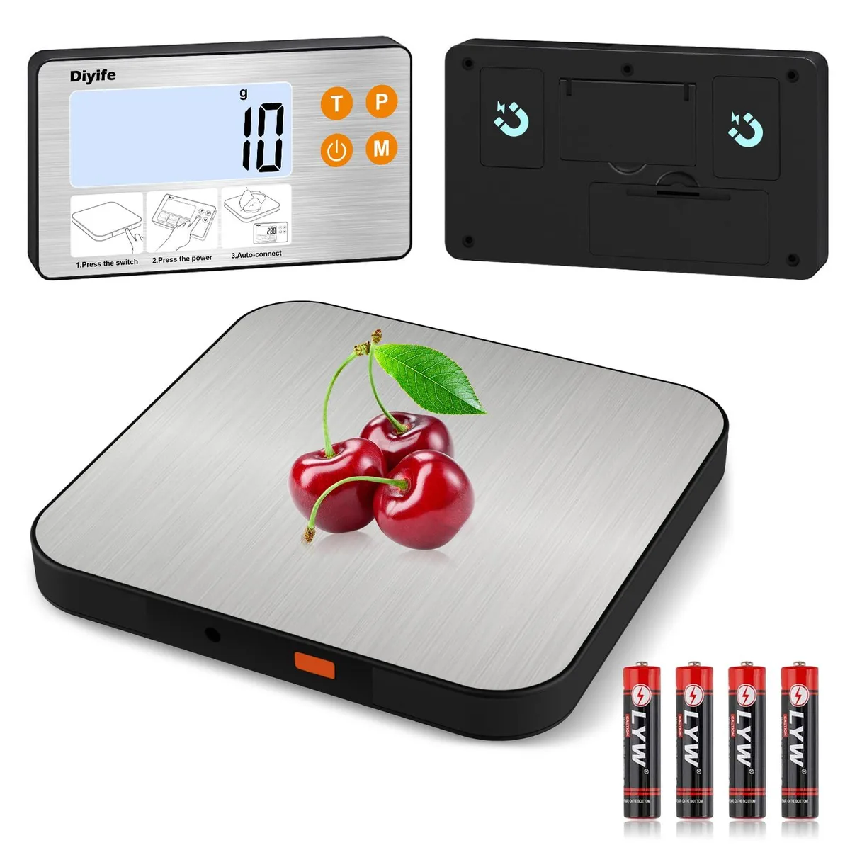 Silver handheld kitchen scale with detachable magnetic display and stainless steel platform