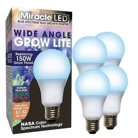Four frosted A19 LED grow bulbs with transparent bases in blue spectrum finish