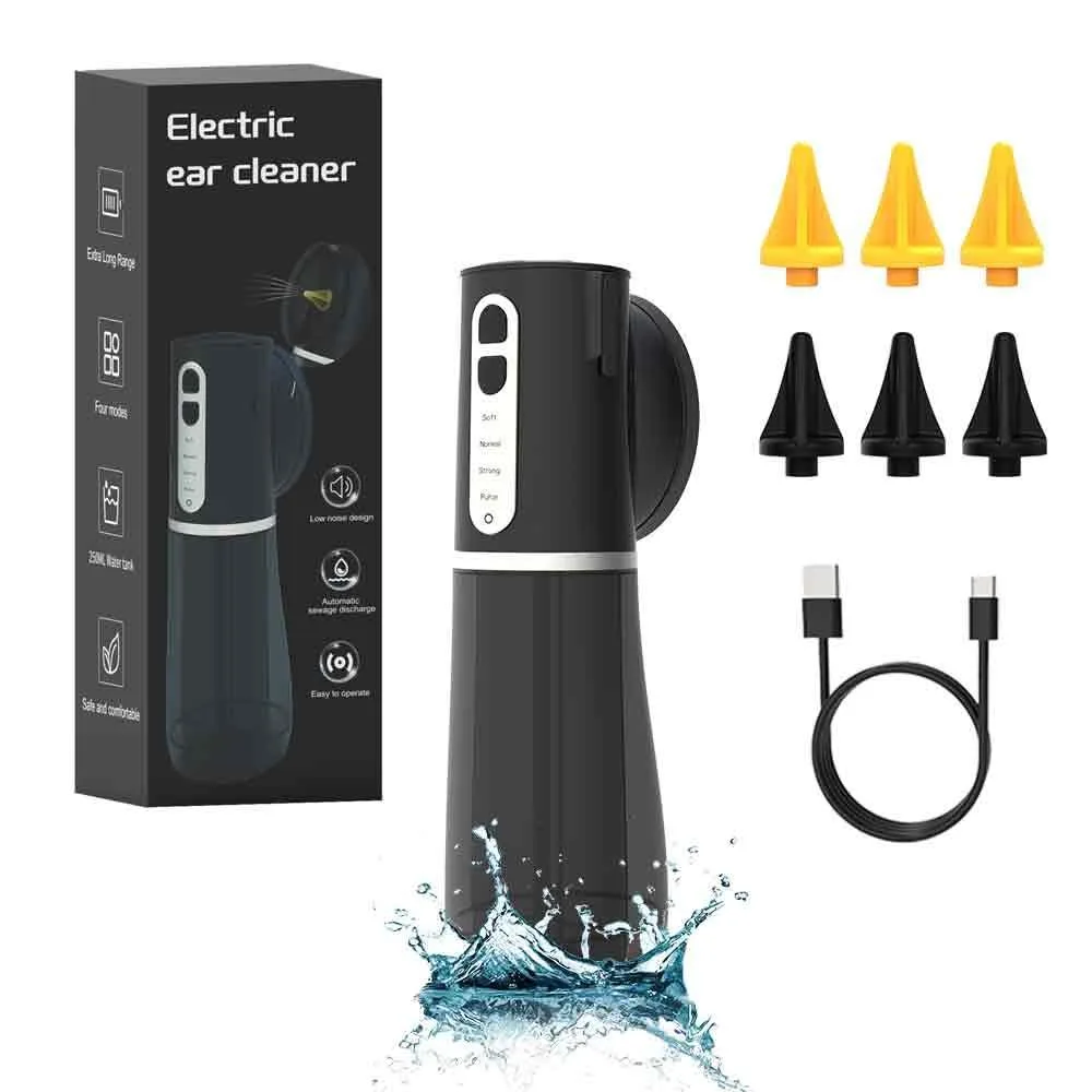 Black handheld ear cleaner with rounded nozzle and water tank