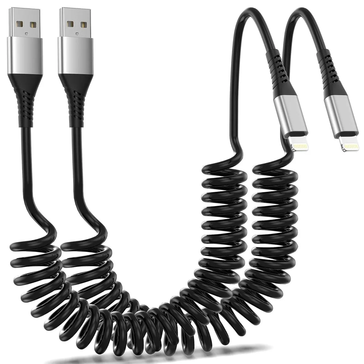 MCHOSE MCHOSE Coiled Lightning Cable 2Pack Retractable MFi Certified CarPlay USB-A 2.4A 480Mbps 2.5ft — product photo