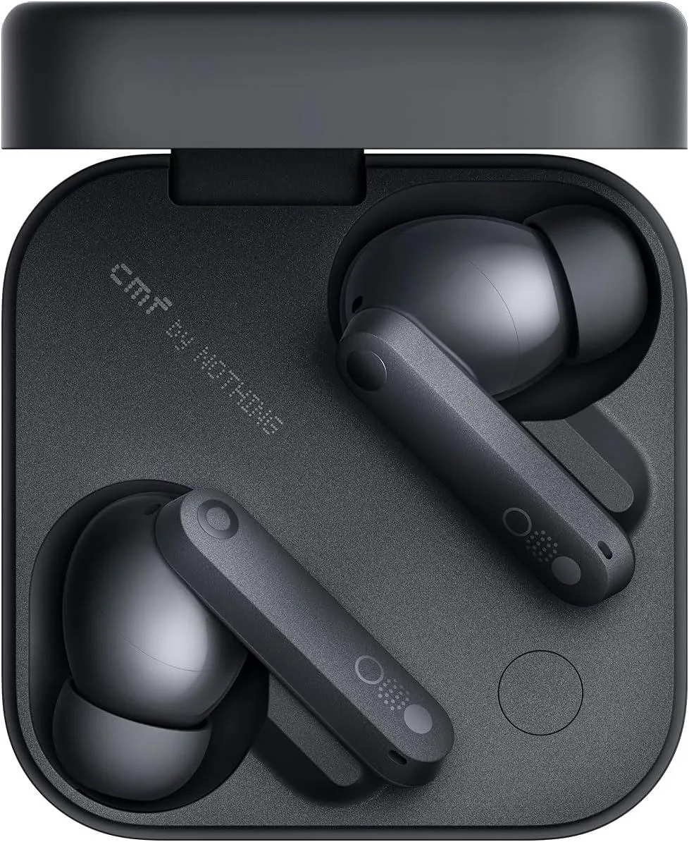 Dark grey wireless earbuds in matching charging case