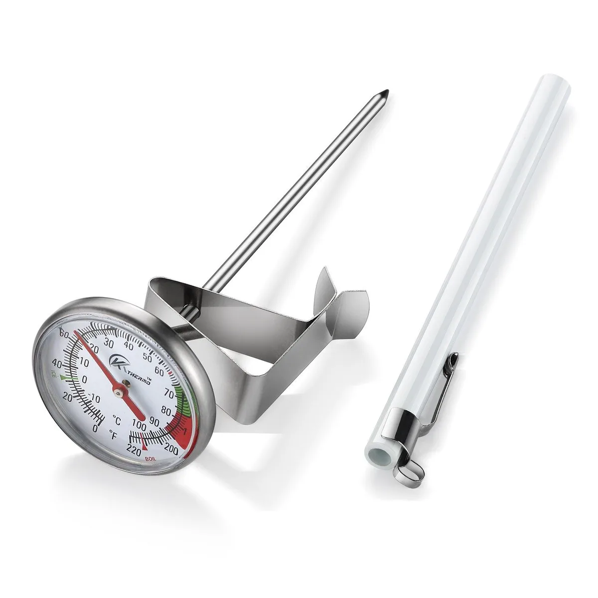 Small stainless steel dial thermometer with clip and long probe