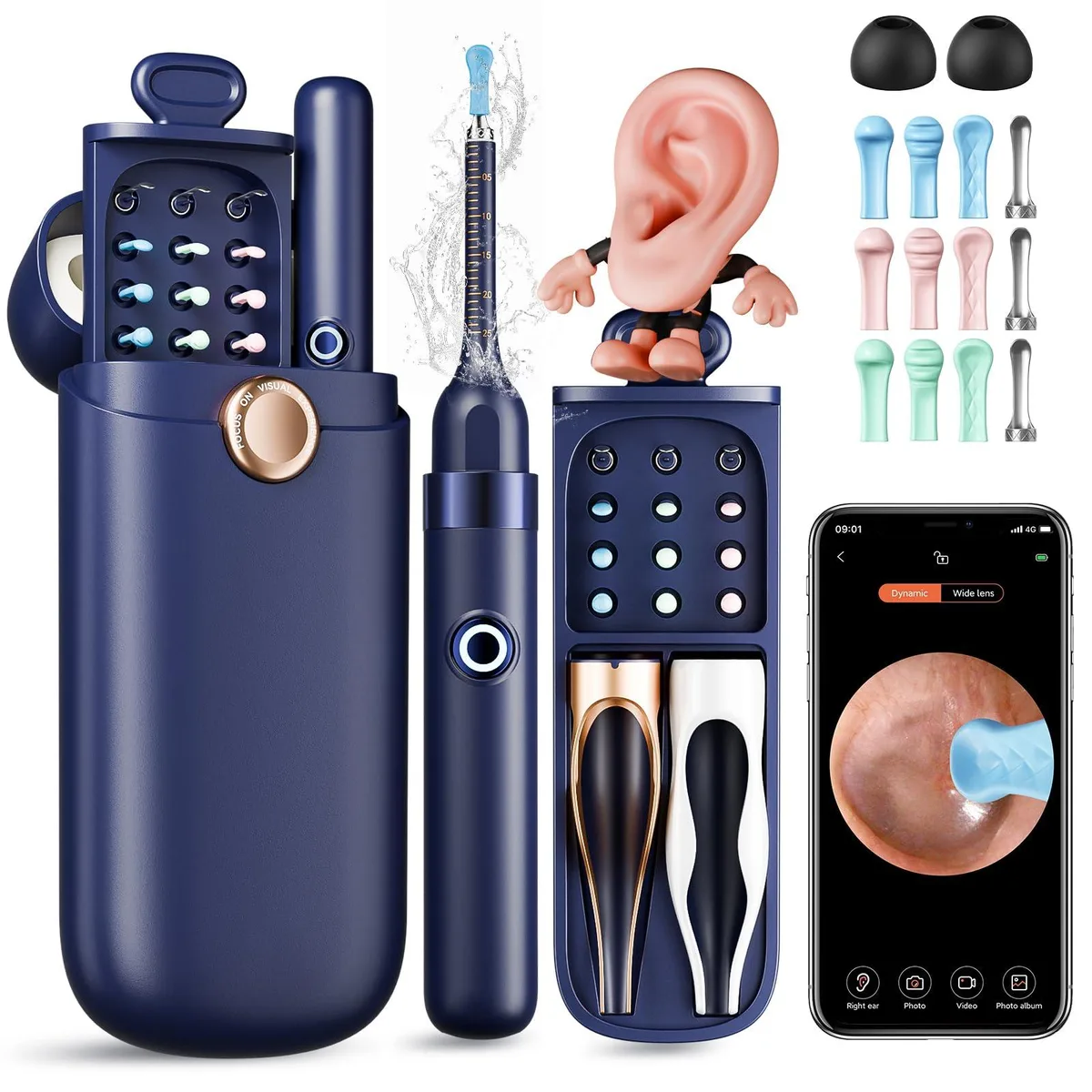 Black ear cleaner with camera, flexible tip, six LED lights