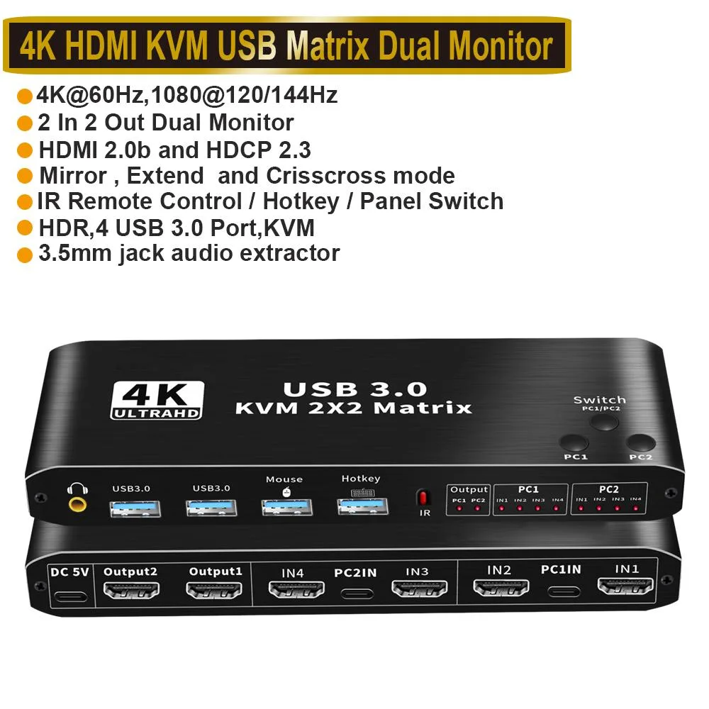 ESTONE ESTONE OZK3-1 4K 60Hz 2-Port HDMI USB 3.0 KVM Switch — product photo