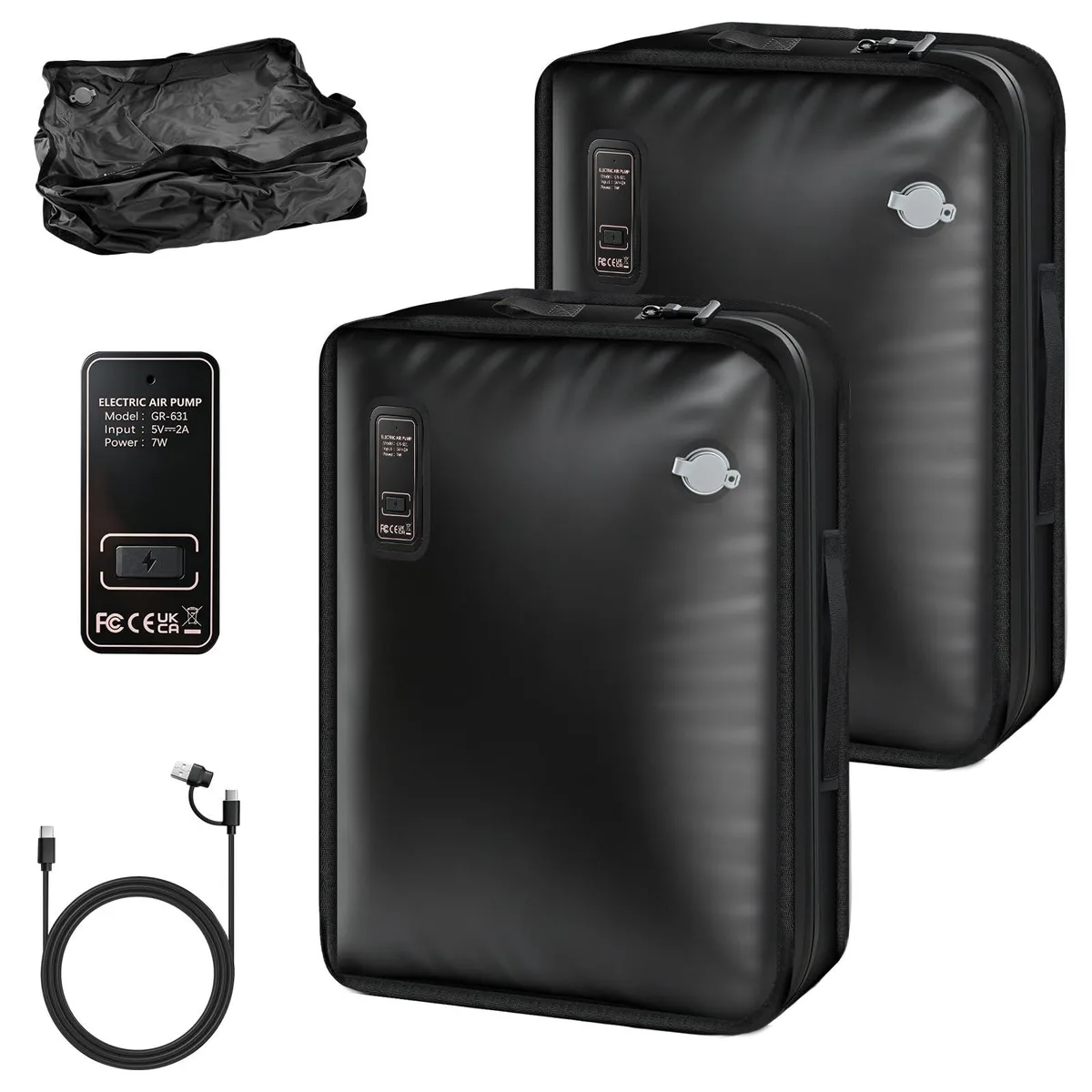 Two black vacuum storage bags with built-in pumps