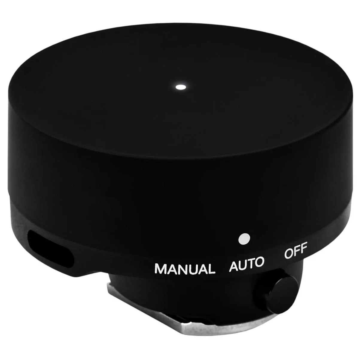 Small rectangular white wireless flash transmitter with three-position slide switch and hot-shoe foot
