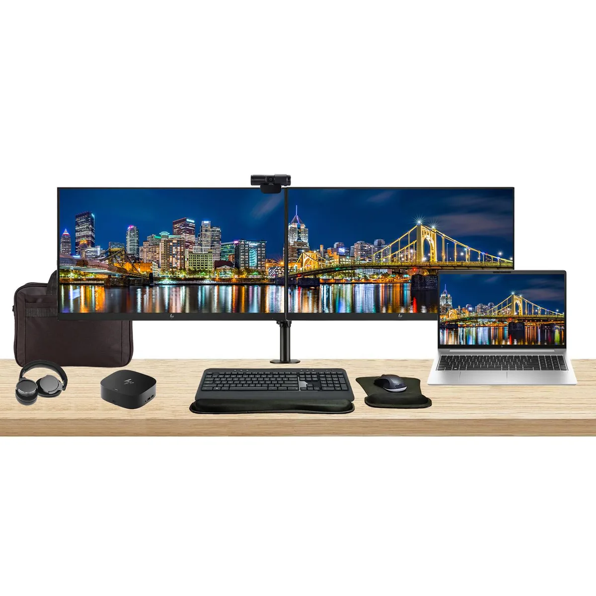 HP HP ProBook 450 G10 15.6 i5 8GB 256GB Bundle 2x27 Monitor Dock Keyboard Mouse Webcam Headphones Bag Stand — product photo