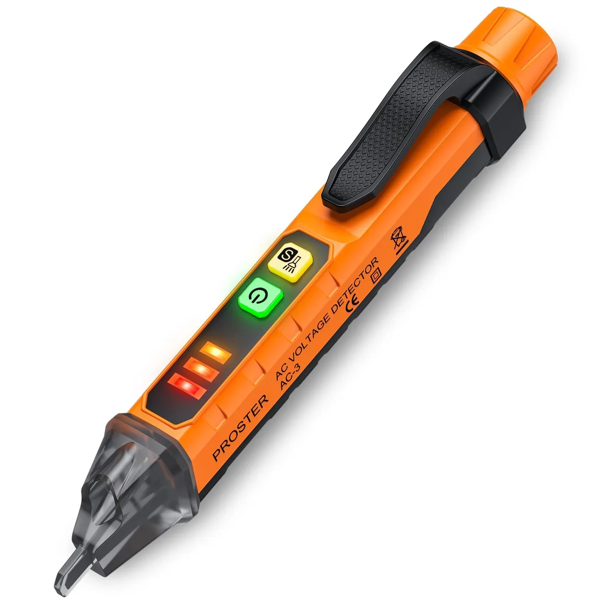 Pen-shaped voltage tester with pocket clip and LED torch