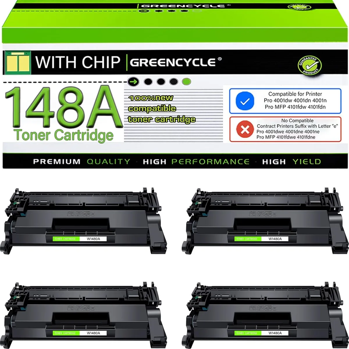 GREENCYCLE GREENCYCLE W1480A 148A Black Toner Cartridge 4 Pack 2900 Pages — product photo