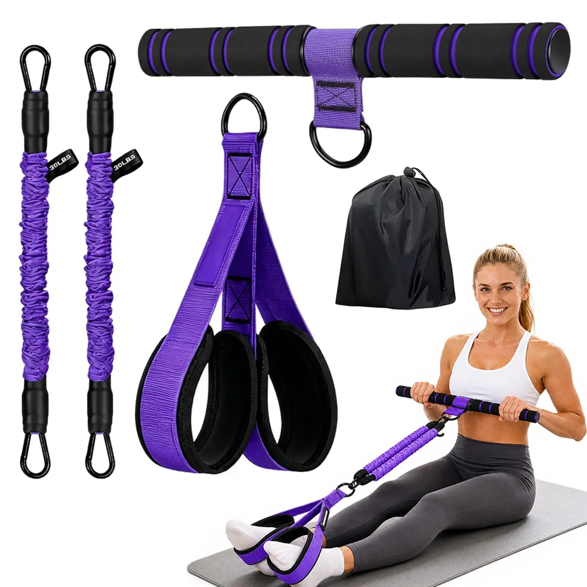 Purple resistance band set with foam handles and wide nylon foot pedals, adjustable 30 or 60 lbs tension