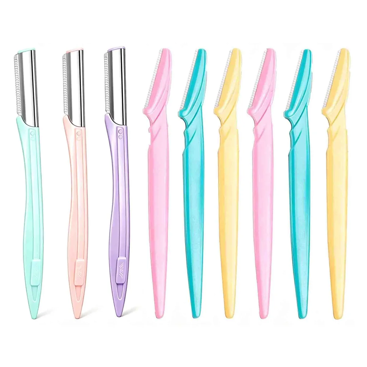 Nine multicolour eyebrow razors with stainless steel blades and curved handles