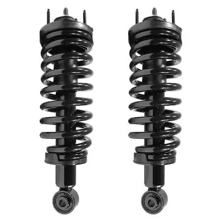 Two silver strut assemblies with black coil springs and silver mounts on a white background