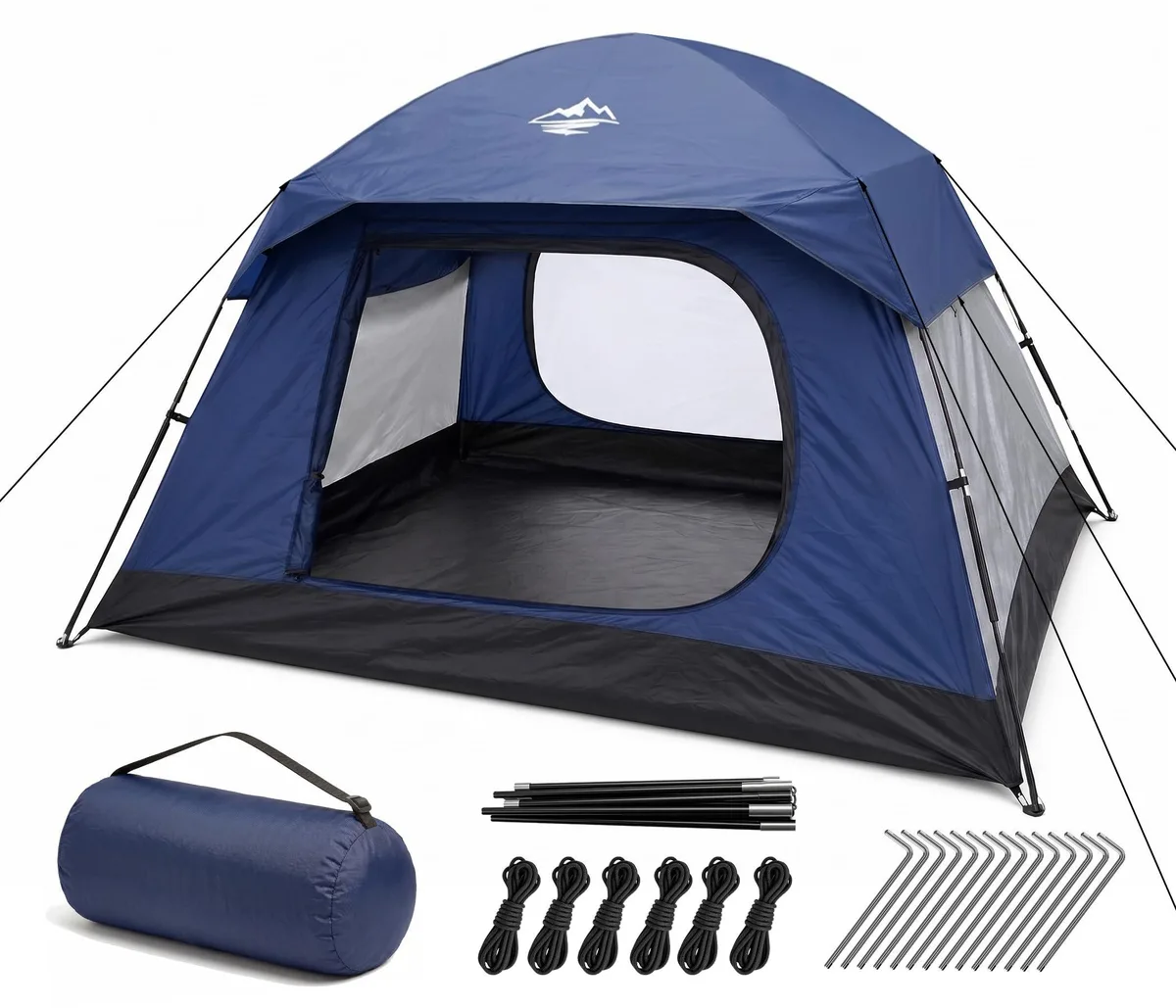 Dark blue polyester dome tent with rainfly and fiberglass poles, packed in carry bag