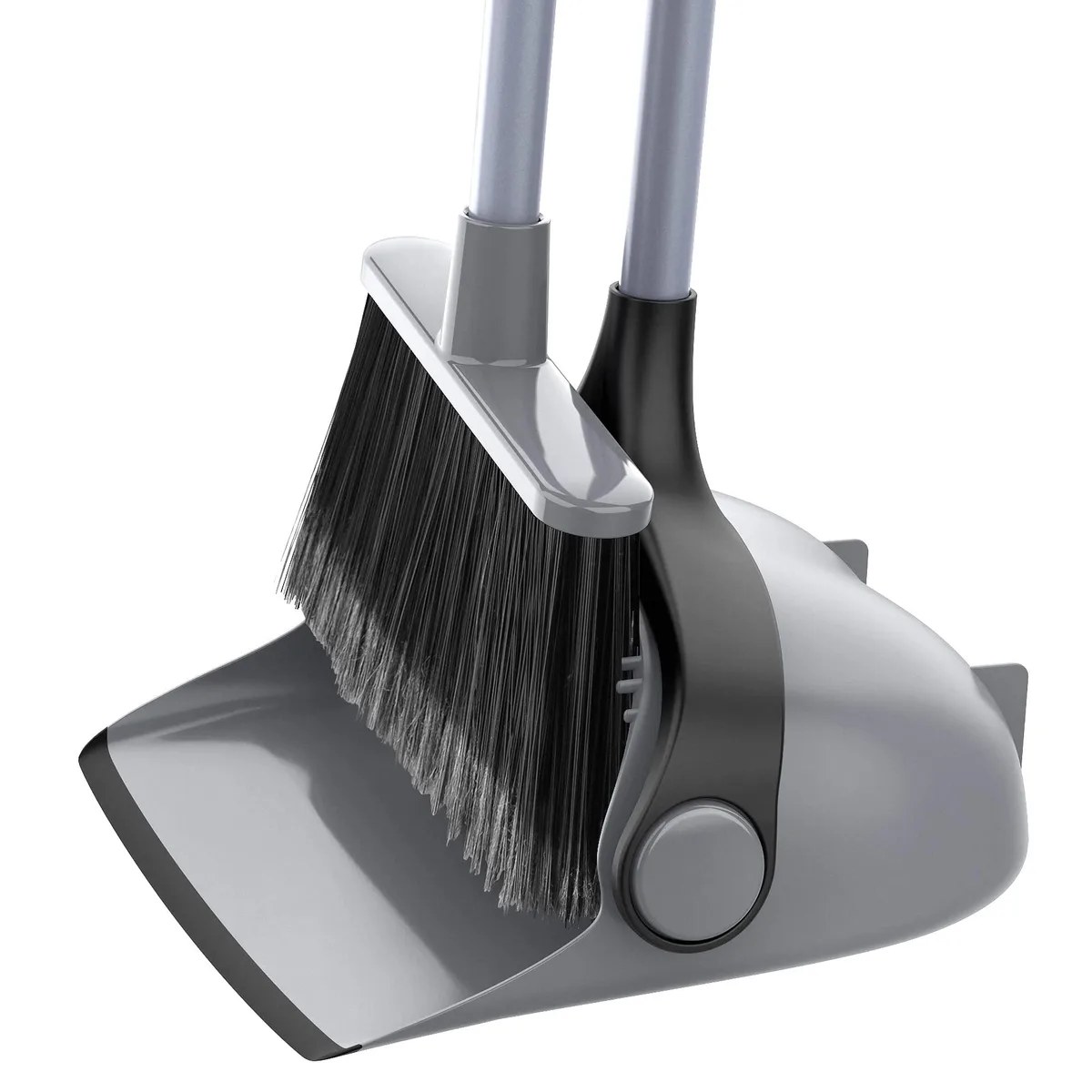 Gray broom and dustpan set with adjustable steel handles, rubber-edged dustpan, built-in comb teeth, foam grip