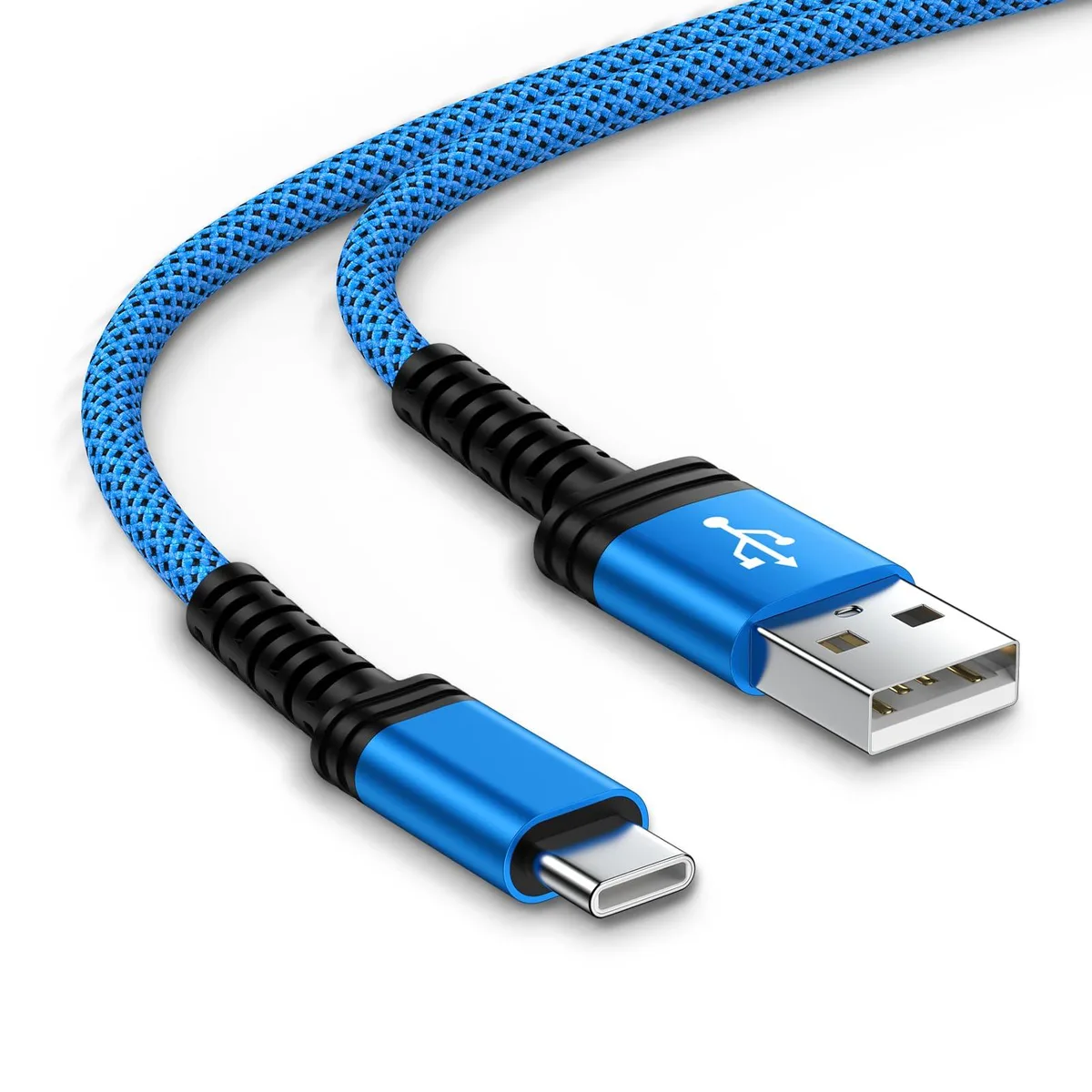 White 10ft USB-A to USB-C braided cable with aluminium connector housings