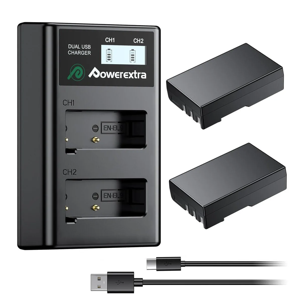  Accessory Power EN-EL9 2000mAh 2-pack camera battery with USB charger — product photo