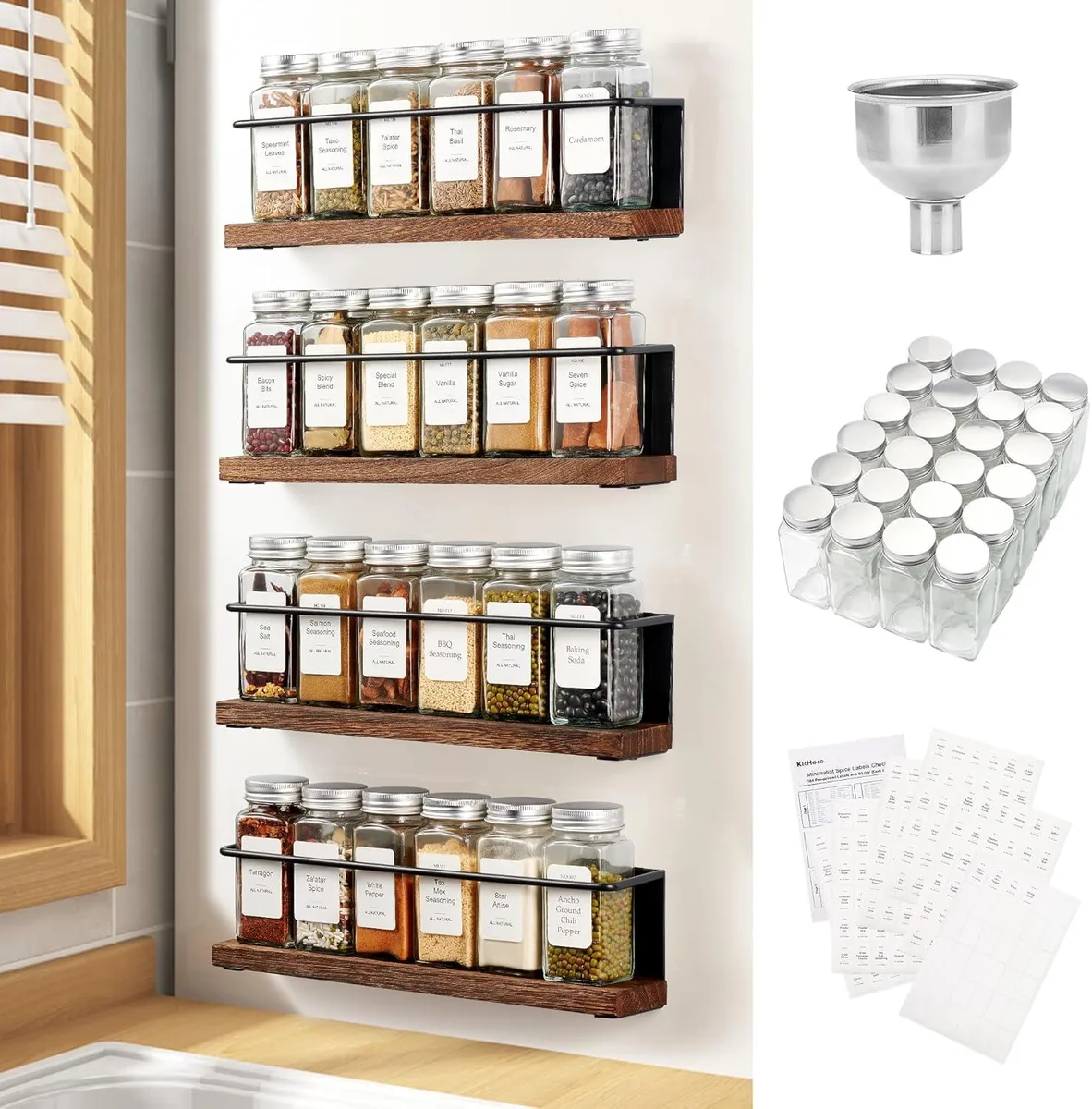Red magnetic spice rack with 24 glass jars, labels, and funnel