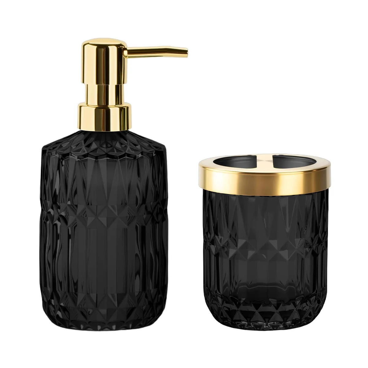 Two-piece glass bath set with black and gold finish including soap dispenser and toothbrush holder