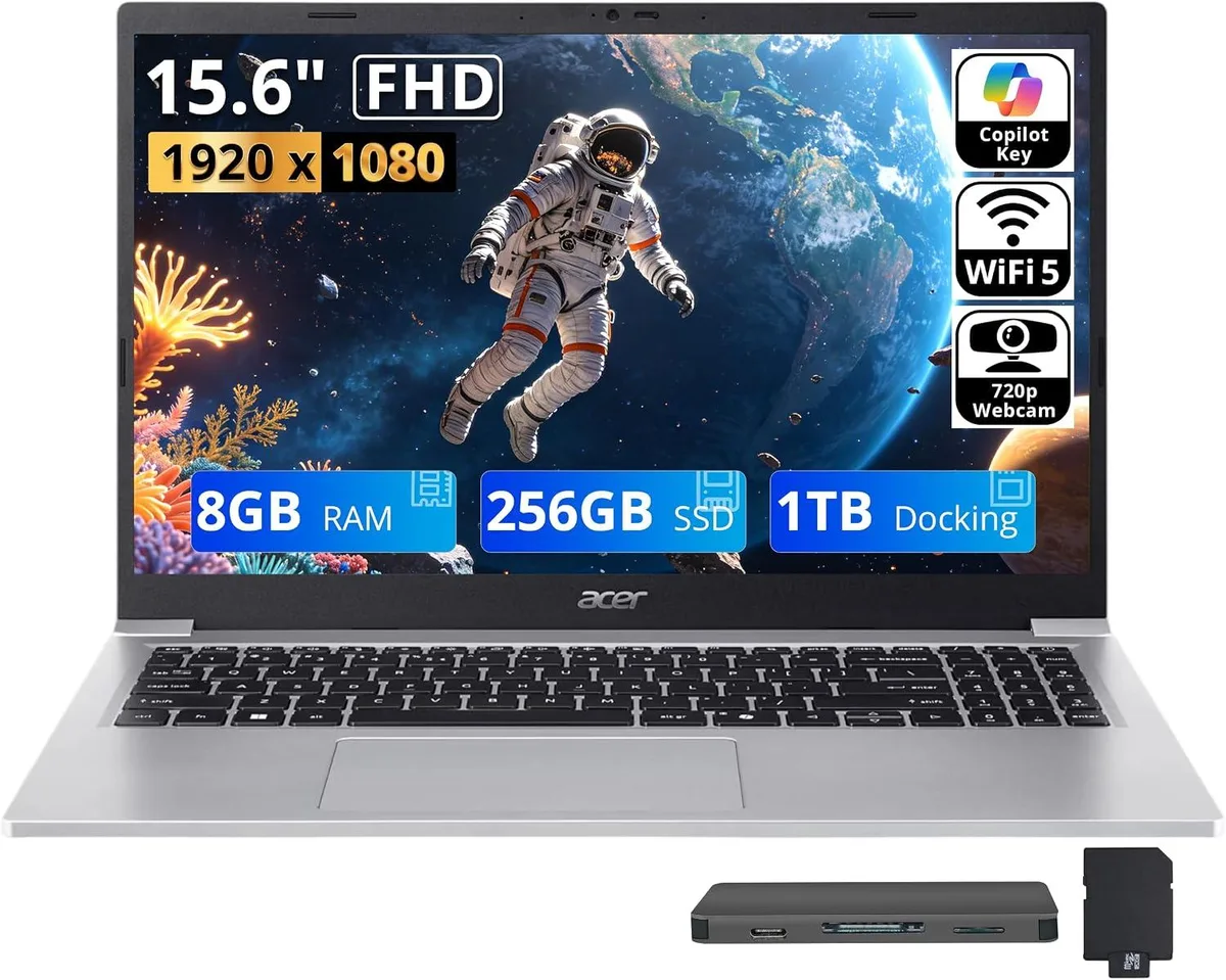 Acer America Acer Aspire Lite 15 business laptop Intel Core 3 N350 15.6" FHD 8GB 256GB + 1TB dock Light Silver — product photo