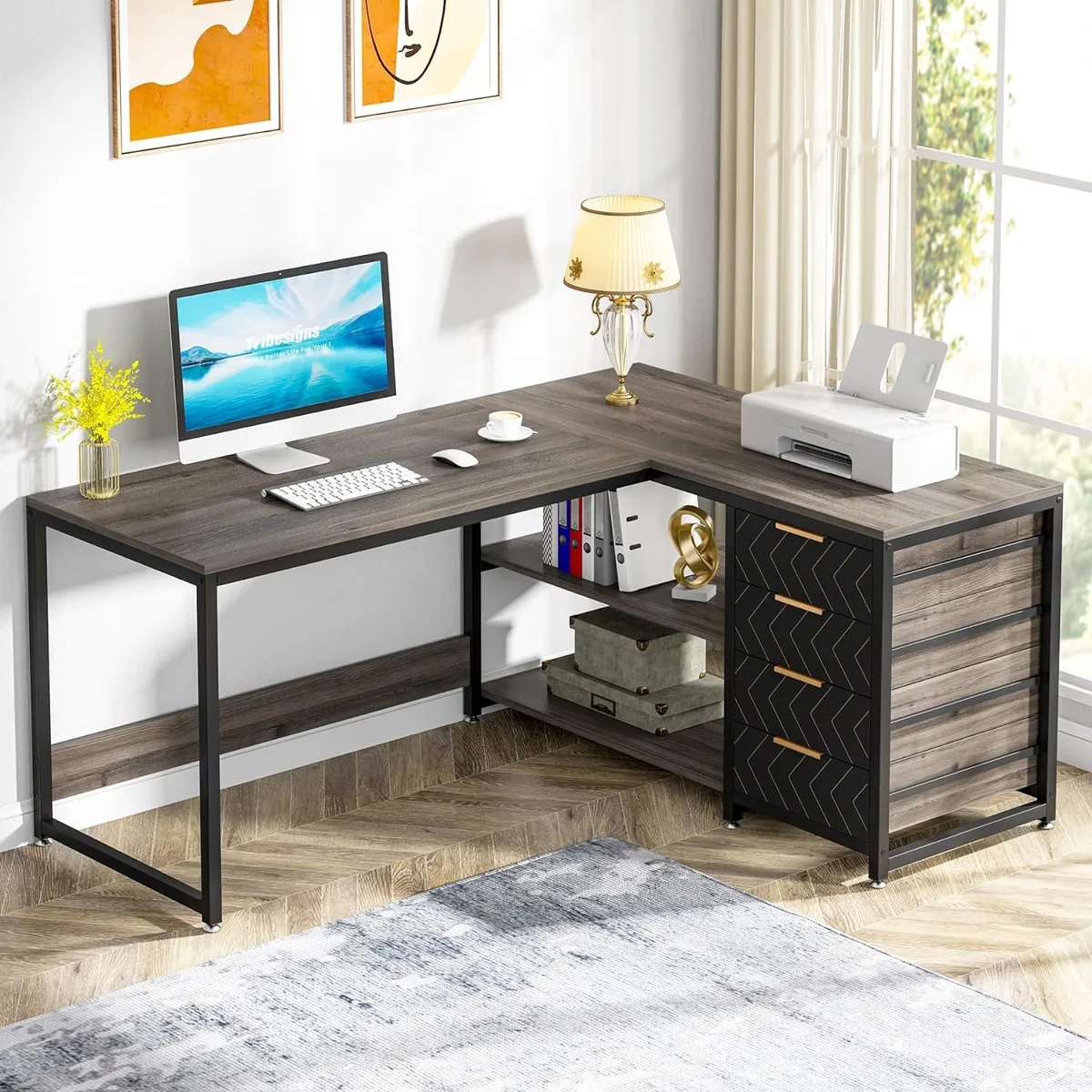 BFKK BFKK 59" L-Shaped Desk with Drawers and Shelves Grey — product photo