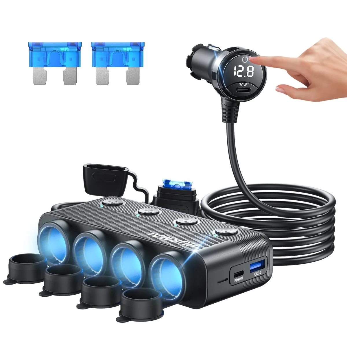 Cable Matters HS75AD Power Splitter Cord 12V/24V 216W 4 Socket PD30W QC3.0 USB-C Independent Switches — product photo