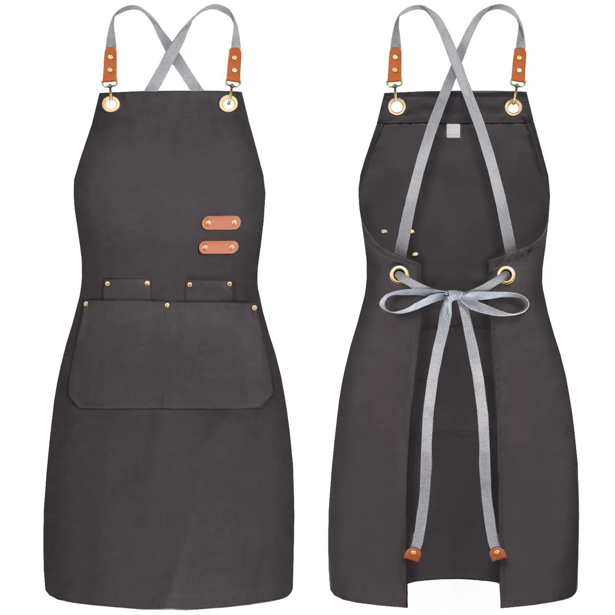 Black polyester apron with cross-back straps and four pockets, 26.8 by 29.5 inches