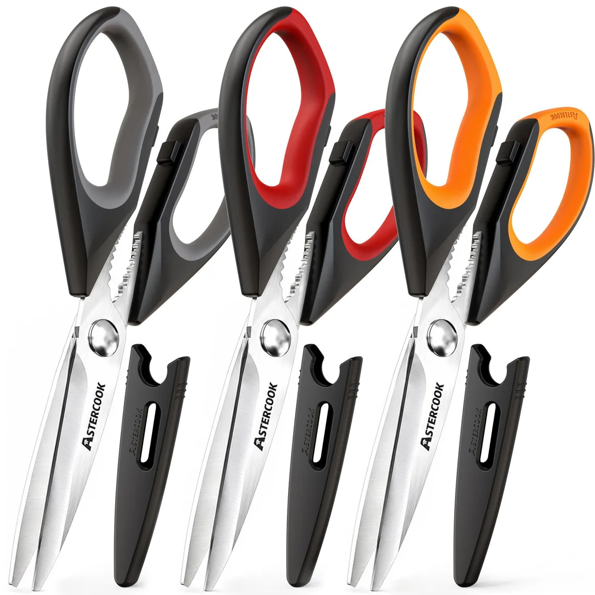 Three black-handled kitchen scissors with serrated stainless steel blades and color-coded grips in grey red orange