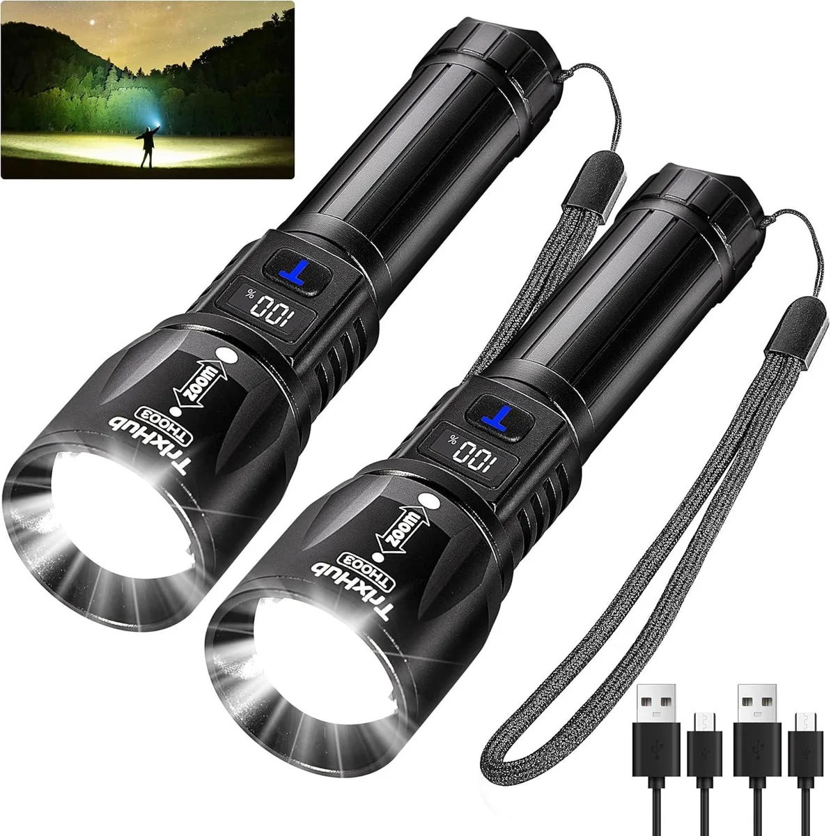 Two black tactical flashlights with LCD displays and USB-C ports