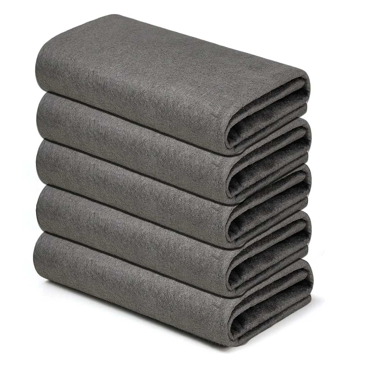 Five folded grey microfibre cloths, twelve by sixteen inches
