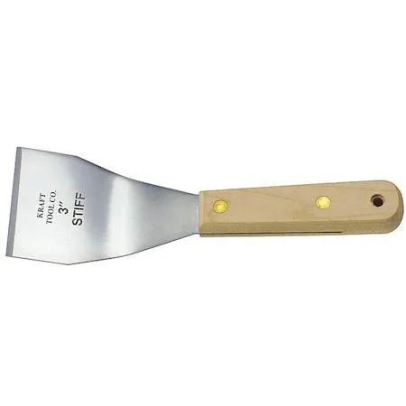 Stainless steel stiff scraper with pickled wood handle and hammer head