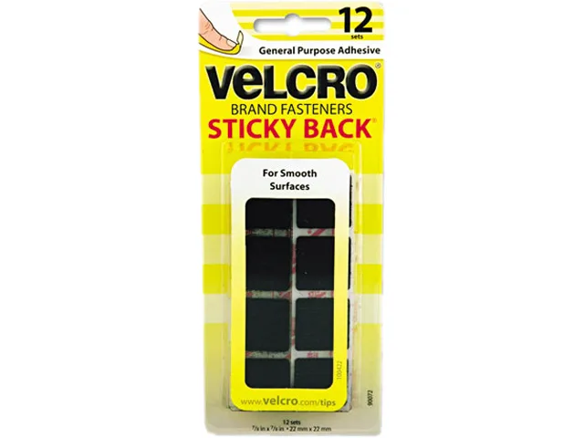Velcro Velcro 90072 Sticky-Back Hook &amp; Loop Square Fasteners, Black, 12 Sets — product photo