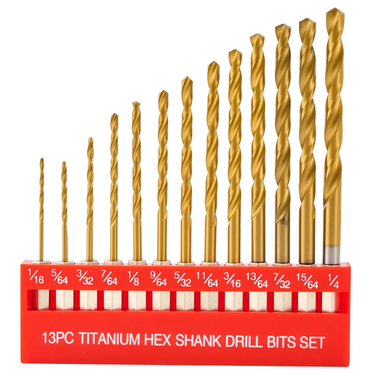 Thirteen titanium-coated HSS drill bits in a plastic case