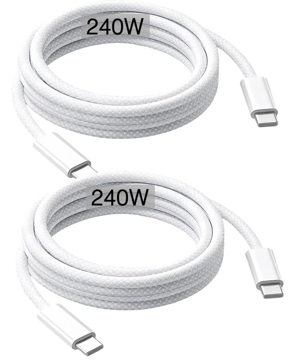 Two white braided USB-C to USB-C cables, 2 metres each