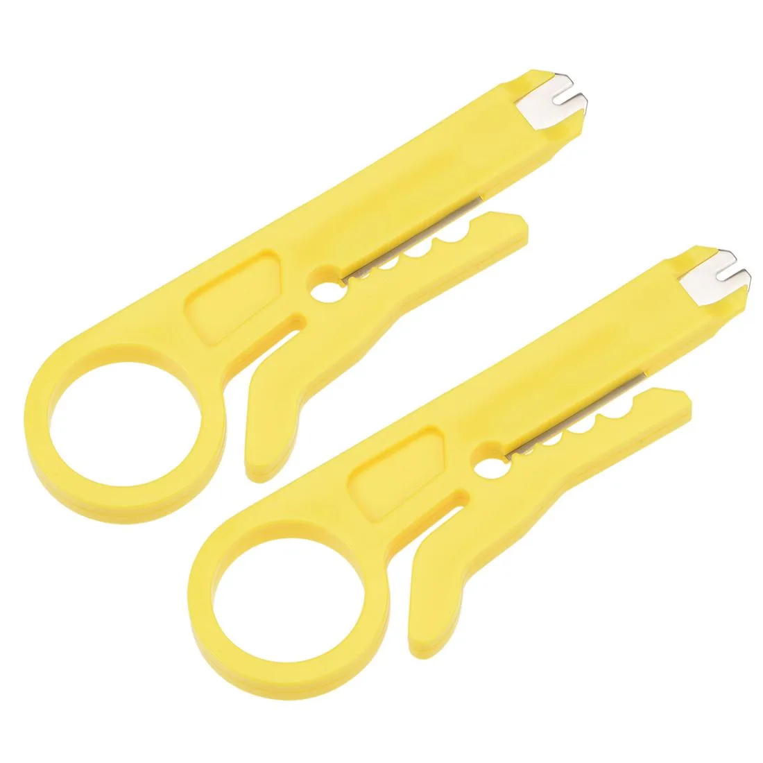 Two mini wire strippers, compact ABS bodies with HSS blades, finger loops attached