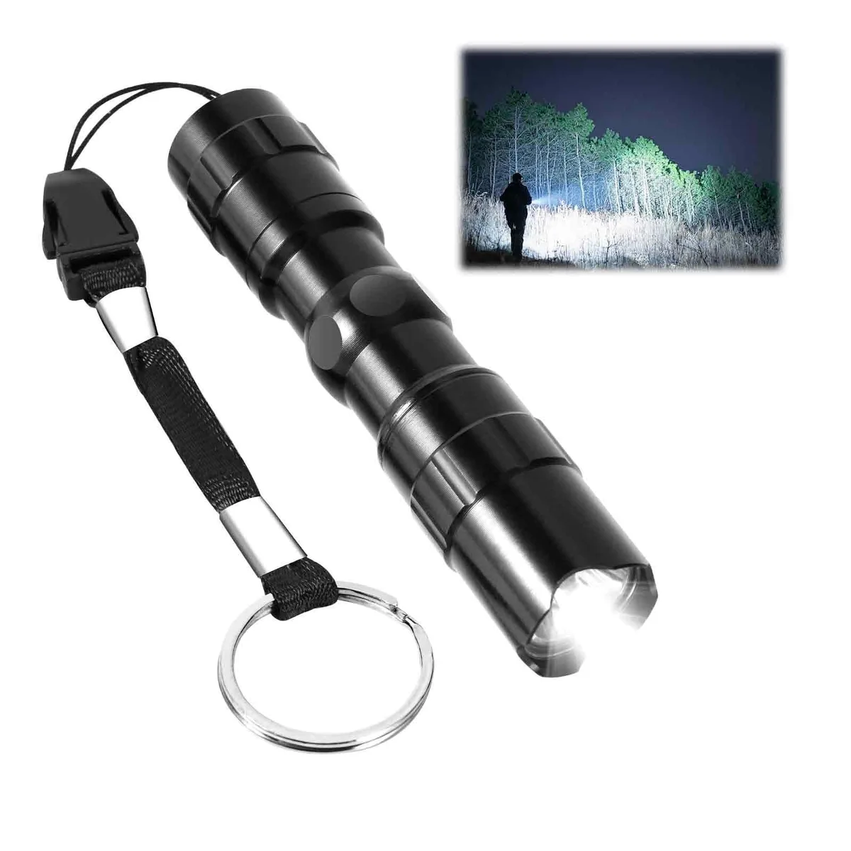 Black cylindrical penlight with clip and textured grip