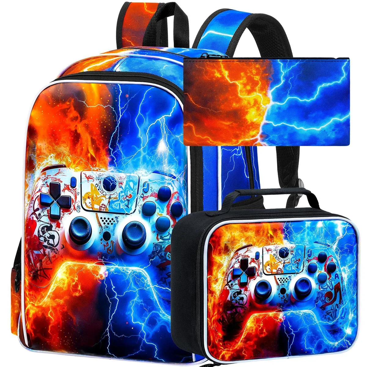 Three-piece set: 17-inch backpack, lunch bag, pencil case in flame thunder print on polyester