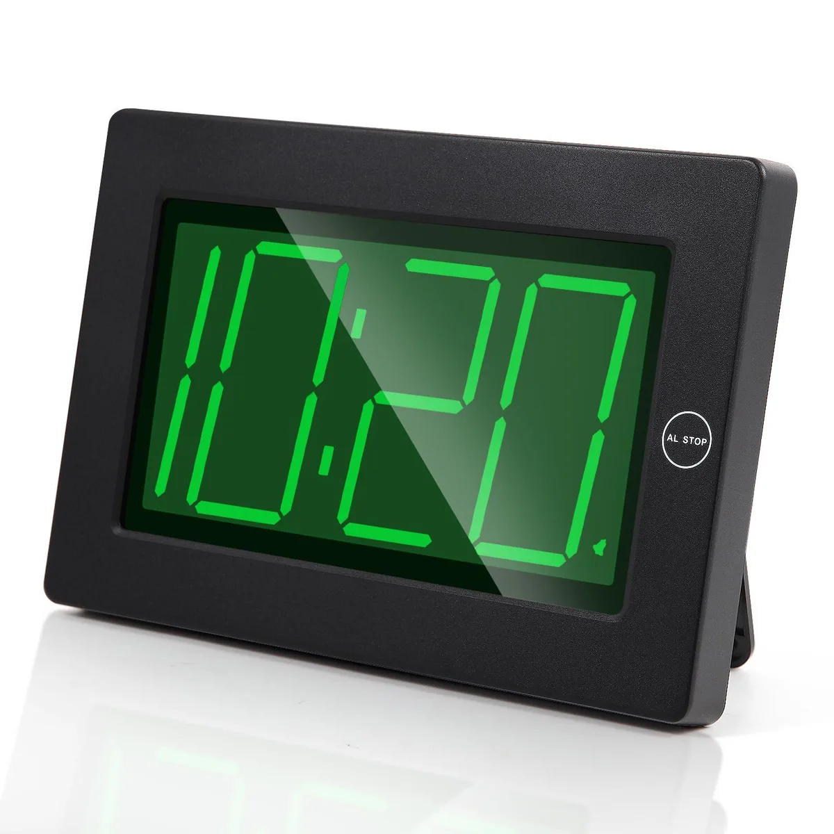 Black-green digital wall clock, 23.1 in wide, 3.7 in LED digits, wall-mount or tabletop